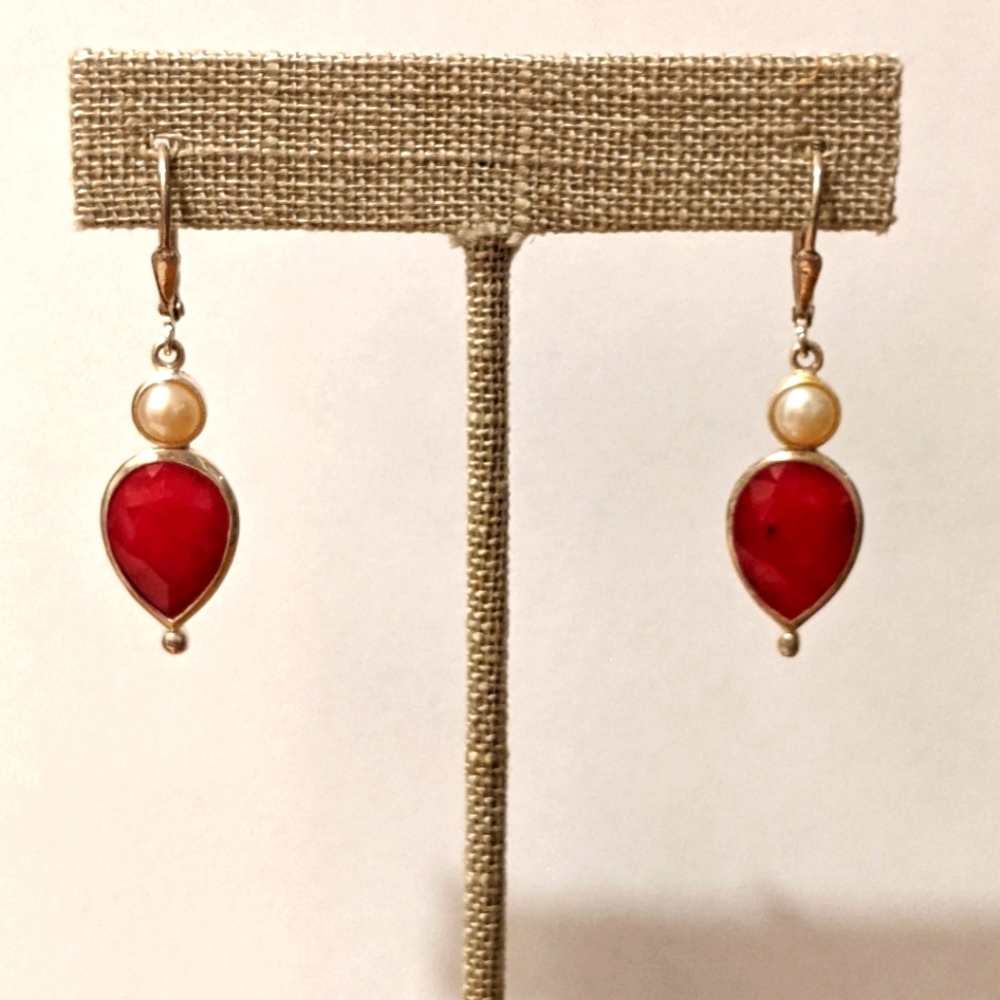 Sterling, ruby & pearl drop earrings